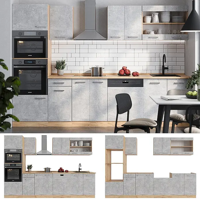 Vicco Küchenzeile R-Line Beton/Goldkraft Eiche mit Hochschrank, ohne Arbeitsplatte - Beton, Ohne Elektrogeräte - Moderne Küchenzeile mit grauen Betonoptik-Schränken, Arbeitsplatten und Sockeln aus Holz, sowie integrierten Geräten.