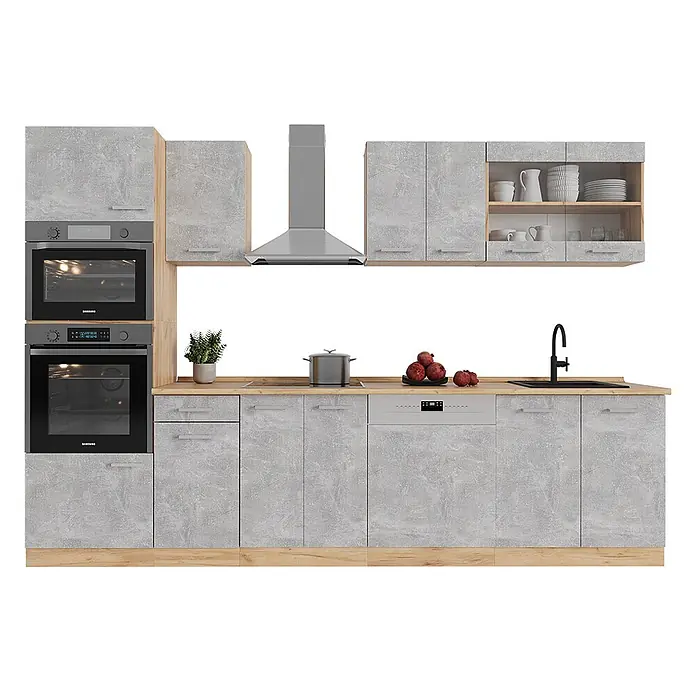 Vicco Küchenzeile R-Line Beton/Goldkraft Eiche mit Hochschrank, ohne Arbeitsplatte - Beton, Ohne Elektrogeräte - Modulare Küche in Betonoptik Grau mit hellen Holzdetails, inklusive Einbauöfen, Spüle, Geschirrspüler und Hängeschränken.