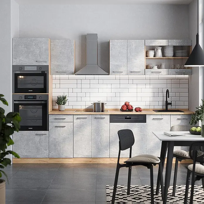Vicco Küchenzeile R-Line Beton/Goldkraft Eiche mit Hochschrank, ohne Arbeitsplatte - Beton, Ohne Elektrogeräte - Moderne Küche mit hellgrauen Schränken in Betonoptik, Holzarbeitsplatten und schwarzen Einbaugeräten.
