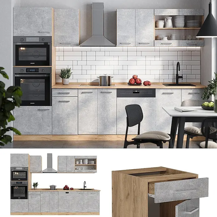 Vicco Küchenzeile R-Line Beton/Goldkraft Eiche mit Hochschrank, AP Anthrazit - Breite: 300 cm, Beton, Ohne Elektrogeräte - Moderne Küche mit Betonoptik-Schränken, Holzarbeitsplatten und integrierten Geräten.