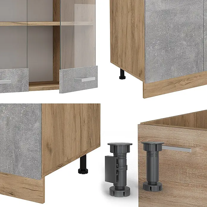 Vicco Küchenzeile R-Line Beton/Goldkraft Eiche mit Hochschrank, ohne Arbeitsplatte - Beton, Ohne Elektrogeräte - Modulares Schranksystem mit Holz- und Betonoptikplatten, Glastür und verstellbaren Füßen für anpassbare Möbel.