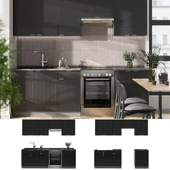 Vicco Küchenzeile Fame-Line Schwarz gestreift/Anthrazit, AP Eiche - Breite: 240 cm, Schwarz gestreift, Ohne Elektrogeräte - Schwarze geriffelte Küchenschränke mit integrierter Spüle, Herd und Dunstabzugshaube in moderner Küche.