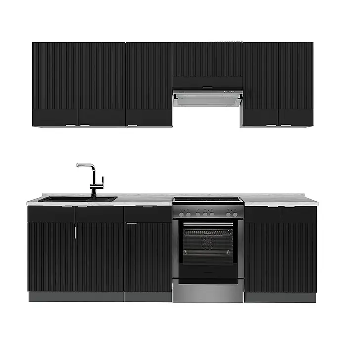 Vicco Küchenzeile Fame-Line Schwarz gestreift/Anthrazit, AP Marmor - Breite: 240 cm, Schwarz gestreift, Ohne Elektrogeräte - Schwarze geriffelte Modulküche mit heller Arbeitsplatte, Spüle, Armatur und integriertem Backofen/Kochfeld.