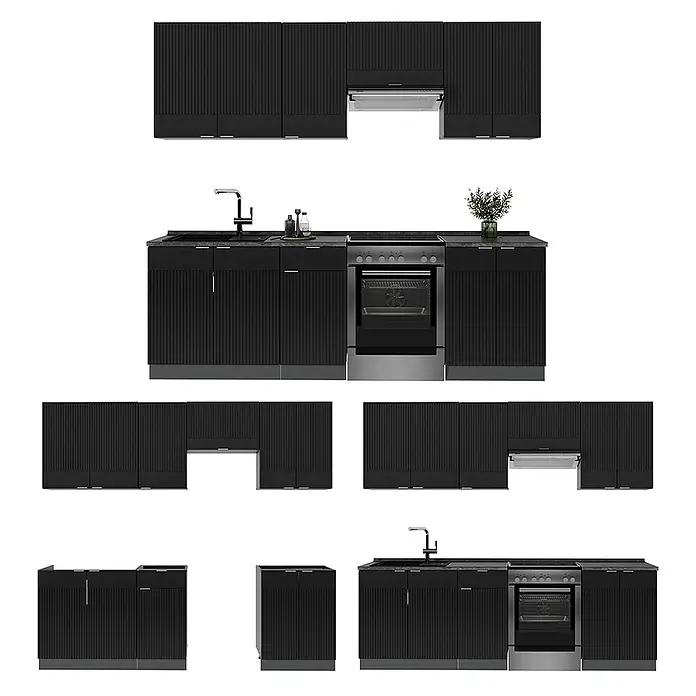 Vicco Küchenzeile Fame-Line Schwarz gestreift/Anthrazit, AP Eiche - Breite: 240 cm, Schwarz gestreift, Ohne Elektrogeräte - Modulare schwarze Küche mit geriffelten Fronten, dunkler Arbeitsplatte und Edelstahlgeräten.