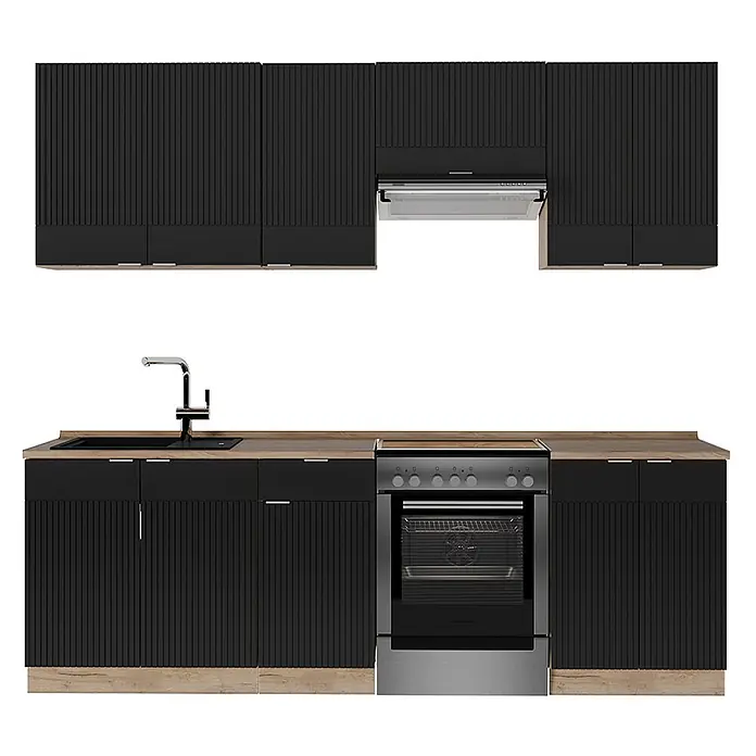 Vicco Küchenzeile Fame-Line Schwarz gestreift/Goldkraft Eiche, AP Eiche - Breite: 240 cm, Schwarz gestreift, Ohne Elektrogeräte - Komplette schwarze Küche mit geriffelten Schränken, Holz-Arbeitsplatten, integrierter Spüle, Wasserhahn, freistehendem Herd und passender Dunstabzugshaube.