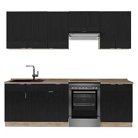 Vicco  Küchenzeile Fame-Line Schwarz gestreift/Goldkraft Eiche, AP Eiche