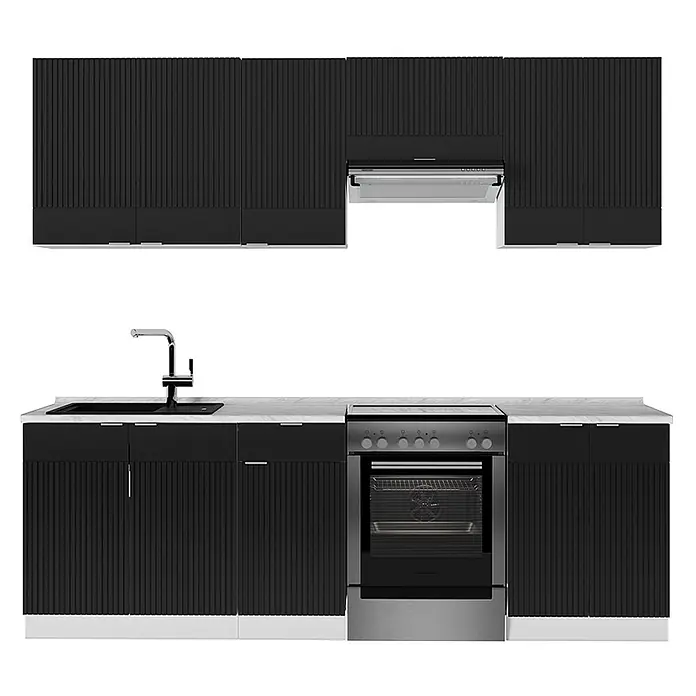 Vicco Küchenzeile Fame-Line Schwarz gestreift/Weiß ohne Arbeitsplatte - Breite: 240 cm, Schwarz gestreift, Ohne Elektrogeräte - Schwarze geriffelte Küchenschränke mit weißer Arbeitsplatte, Spüle, Ofen und Dunstabzugshaube.