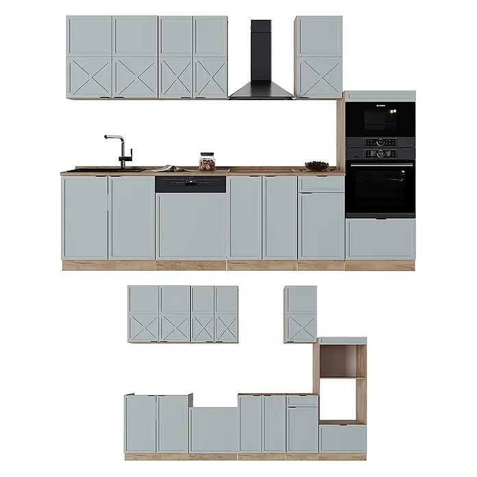 Vicco Küchenzeile Fame-Line Hellblau-grau/Goldkraft Eiche mit Hochschrank, AP Eiche - Breite: 300 cm, Hellblau-grau, Ohne Elektrogeräte - Modulare Küche mit hellblauen (salbeifarbenen) Schränken, X-Details, Holzarbeitsplatten und integrierten Geräten.