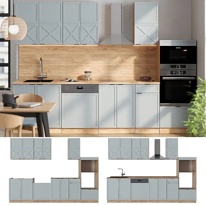 Vicco Küchenzeile Fame-Line Hellblau-grau/Goldkraft Eiche mit Hochschrank, AP Eiche - Breite: 300 cm, Hellblau-grau, Ohne Elektrogeräte - Modulare Küche mit hellblauen Schränken, Holzelementen und integrierten Geräten, als Baugruppen und montiert.