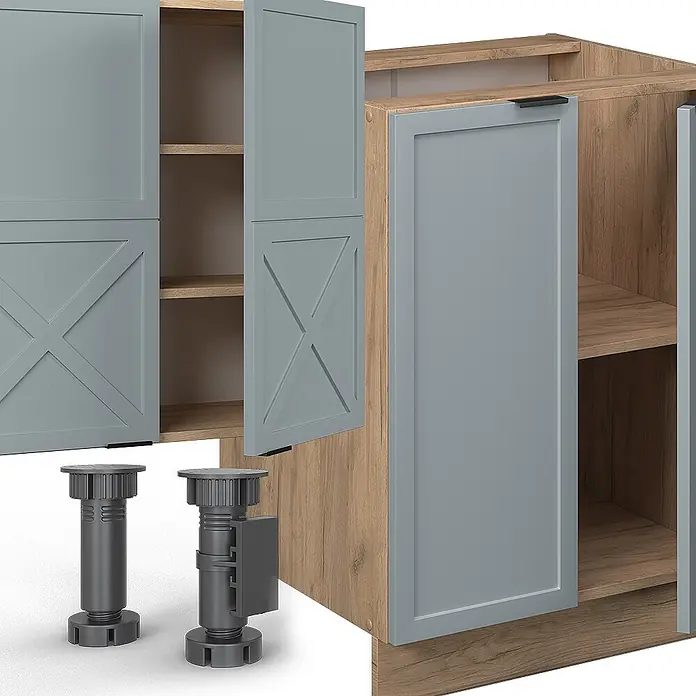 Vicco Küchenzeile Fame-Line Hellblau-grau/Goldkraft Eiche mit Hochschrank, AP Eiche - Breite: 300 cm, Hellblau-grau, Ohne Elektrogeräte - Modulare Küchenschränke mit Holzdekor-Korpus und grauen Türen, zusammen mit zwei verstellbaren Beinen.