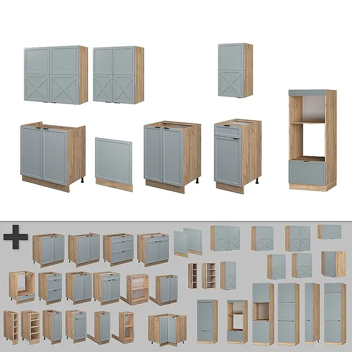 Vicco Küchenzeile Fame-Line Hellblau-grau/Goldkraft Eiche mit Hochschrank, AP Eiche - Breite: 300 cm, Hellblau-grau, Ohne Elektrogeräte - Modulare Küchenschrank-Kollektion mit Holzoptik-Rahmen und grauen Türen, inklusive Unter-, Ober- und Hochschränken.
