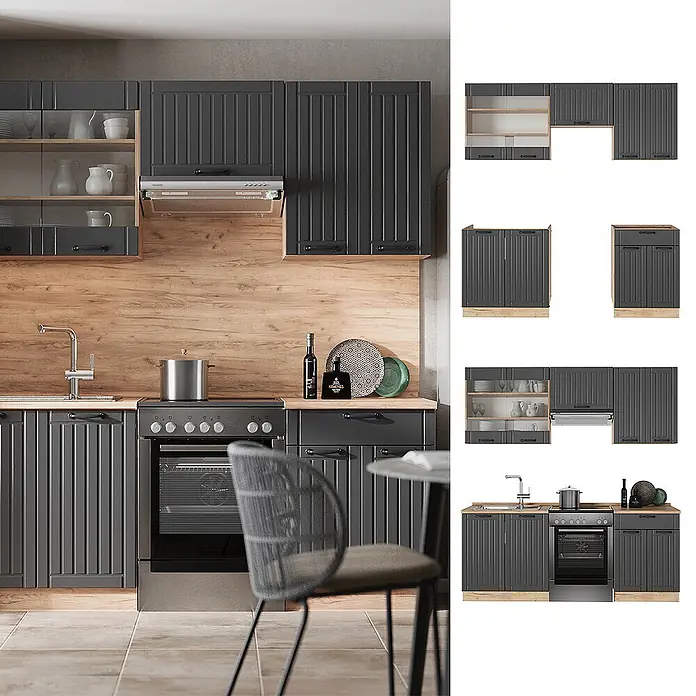 Vicco Küchenzeile Fame-Line Dunkelgrau, AP Marmor - Dunkelgrau, Ohne Elektrogeräte - Moderne dunkelgraue Küchenschränke mit Holzdetails, präsentiert in einer Küche mit modularen Ansichten.