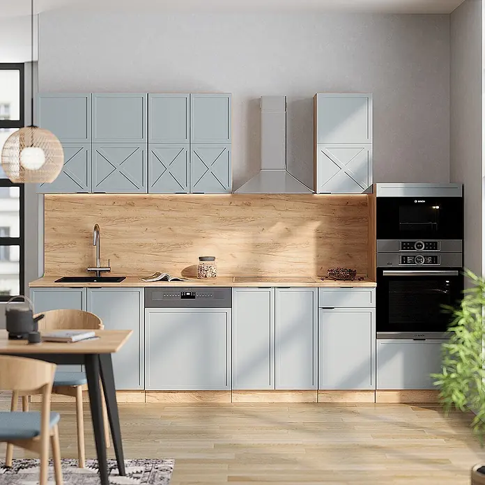 Vicco Küchenzeile Fame-Line Hellblau-grau/Goldkraft Eiche mit Hochschrank, AP Eiche - Breite: 300 cm, Hellblau-grau, Ohne Elektrogeräte - Moderne Küche mit hellblauen Schränken, Arbeitsplatten und Spritzschutz aus Holz sowie integrierten Geräten.