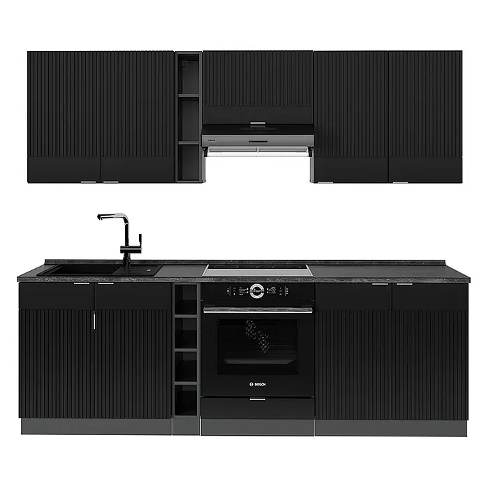 Vicco Küchenzeile Fame-Line Schwarz gestreift/Anthrazit, AP Anthrazit - Breite: 235 cm, Schwarz gestreift, Ohne Elektrogeräte - Schwarze modulare Küchenschrank-Garnitur mit strukturierten Türen, Spüle, Kochfeld, Backofen und Dunstabzugshaube.