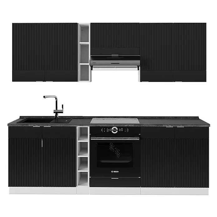Vicco Küchenzeile Fame-Line Schwarz gestreift/Weiß, AP Anthrazit - Breite: 235 cm, Schwarz gestreift, Ohne Elektrogeräte - Schwarze modulare Küche mit gerillten Schränken, dunkler Arbeitsplatte, Spüle, Kochfeld und Backofen, mit weißen Regalen.