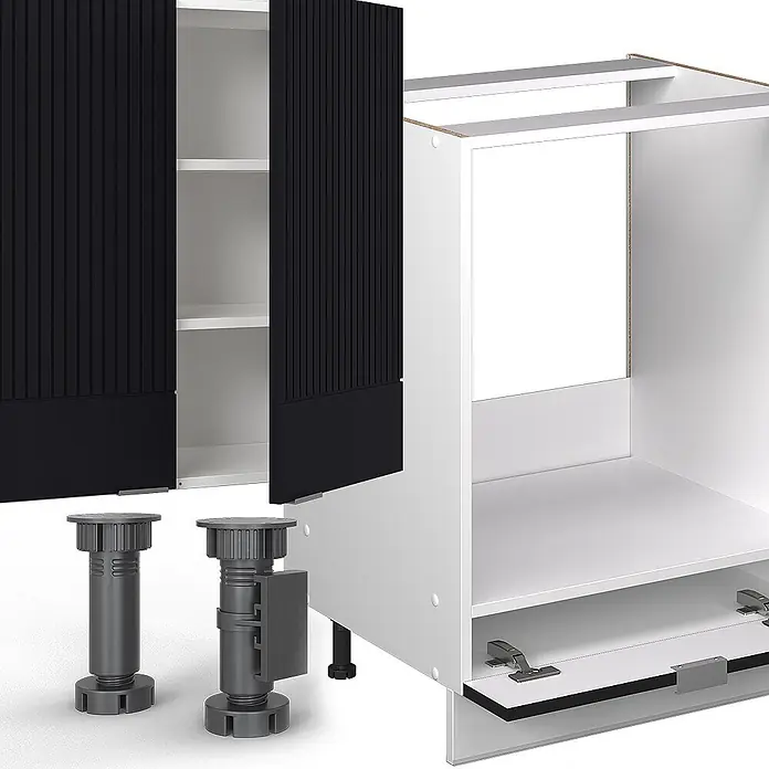 Vicco Küchenzeile Fame-Line Schwarz gestreift/Weiß, AP Anthrazit - Breite: 300 cm, Schwarz gestreift, Ohne Elektrogeräte - Weiße Küchenschrankkomponenten: Korpusse, schwarze geriffelte Türen, verstellbare graue Beine und Scharniere zur Montage.