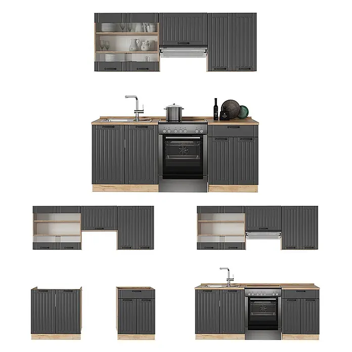 Vicco Küchenzeile Fame-Line Dunkelgrau, AP Marmor - Dunkelgrau, Ohne Elektrogeräte - Dunkelgraue modulare Küchenschränke mit hellen Holzdetails und integrierten Geräten.