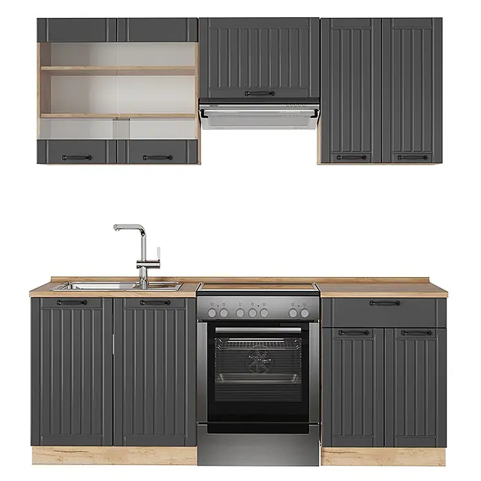 Vicco Küchenzeile Fame-Line Dunkelgrau, AP Eiche - Breite: 200 cm, Dunkelgrau, Ohne Elektrogeräte - Dunkelgraue Küchenzeile mit Holz-Arbeitsplatten, Spüle, Backofen und Dunstabzugshaube.
