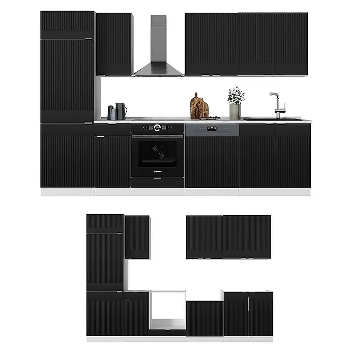 Vicco Küchenzeile Fame-Line Schwarz gestreift/Weiß, AP Anthrazit - Breite: 300 cm, Schwarz gestreift, Ohne Elektrogeräte - Moderne schwarze Küche mit gerippten Fronten, integriertem Backofen, Spülmaschine, Spüle und Dunstabzugshaube.