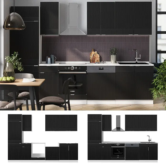 Vicco Küchenzeile Fame-Line Schwarz gestreift/Weiß, AP Anthrazit - Breite: 300 cm, Schwarz gestreift, Ohne Elektrogeräte - Schwarze Küchenschrankgarnitur mit geriffelten Türen und integrierten Geräten, in einer modernen Küche gezeigt.