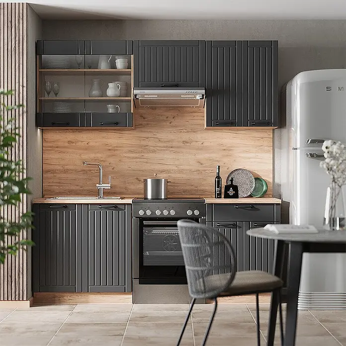 Vicco Küchenzeile Fame-Line Dunkelgrau, AP Marmor - Dunkelgrau, Ohne Elektrogeräte - Moderne dunkelgraue Küchenzeile mit geriffelten Schranktüren, Holzoptik-Rückwand und heller Holz-Arbeitsplatte. Mit Spüle, Herd und Dunstabzugshaube.