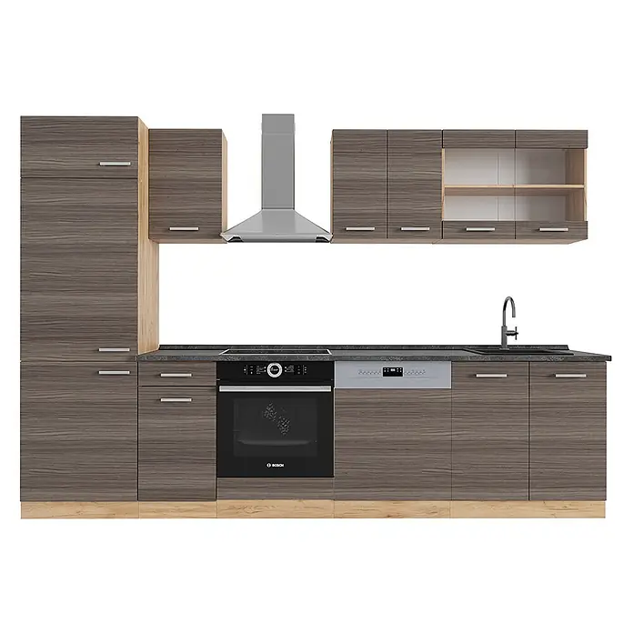 Vicco Küchenzeile R-Line Edelgrau/Goldkraft Eiche, AP Anthrazit - Breite: 300 cm, Edelgrau, Ohne Elektrogeräte - Moderne Küchenzeile mit grauen Holzmaserungsschränken, dunkler Arbeitsplatte und integriertem Backofen, Geschirrspüler und Dunstabzugshaube.