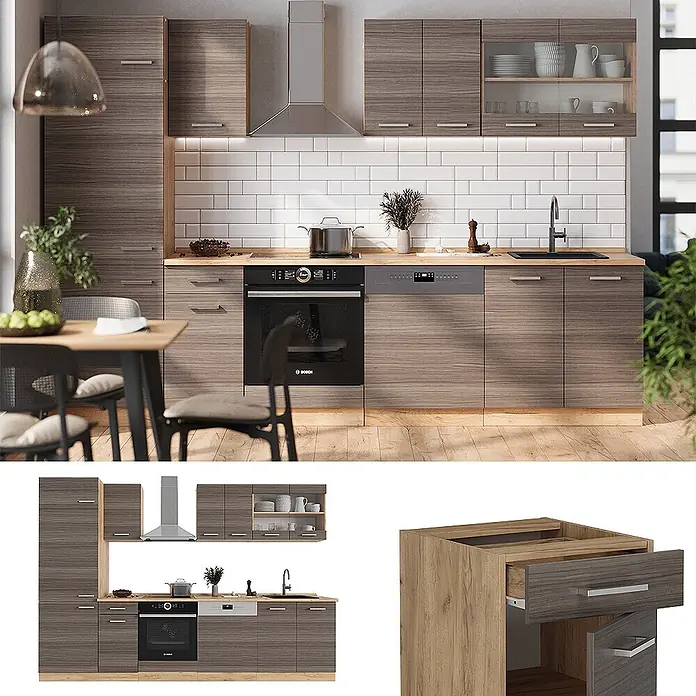 Vicco Küchenzeile R-Line Edelgrau/Goldkraft Eiche, AP Anthrazit - Breite: 300 cm, Edelgrau, Ohne Elektrogeräte - Moderne Küchenmöbel in Holzoptik Grau-Braun, inklusive Hochschränke, Oberschränke und Unterschränke mit integriertem Backofen, Spülmaschine und Spüle.