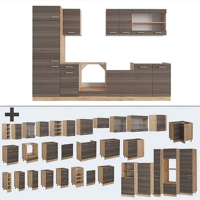 Vicco Küchenzeile R-Line Edelgrau/Goldkraft Eiche, AP Anthrazit - Breite: 300 cm, Edelgrau, Ohne Elektrogeräte - Modulares Küchenschrank-Set in dunkler Holzmaserung mit hellen Holzakzenten, zeigt einen Aufbau und einzelne Module wie Unter-, Ober- und Hochschränke.