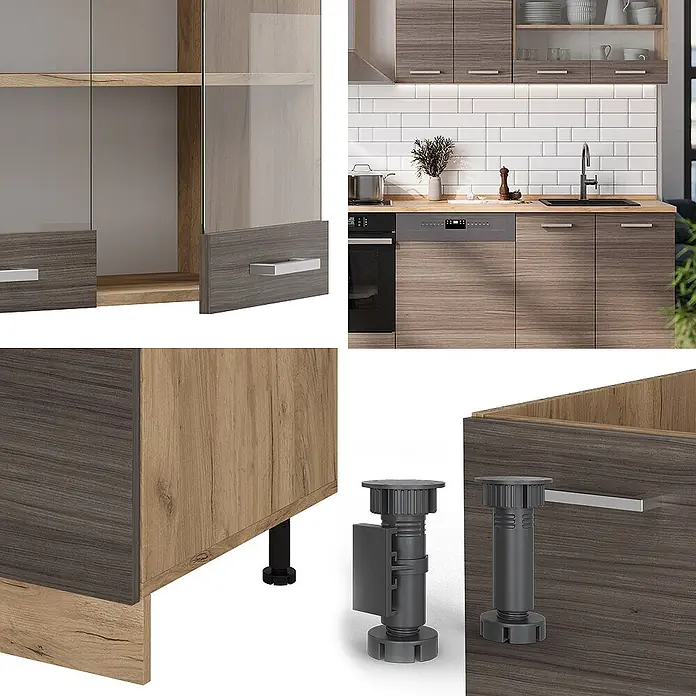 Vicco Küchenzeile R-Line Edelgrau/Goldkraft Eiche, AP Anthrazit - Breite: 300 cm, Edelgrau, Ohne Elektrogeräte - Zweifarbige Küchenschränke in Holzoptik mit Glastüren, mit verstellbaren Füßen und in einer modernen Küche.