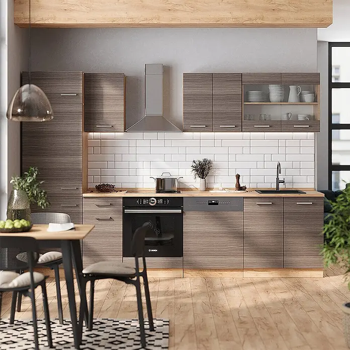 Vicco Küchenzeile R-Line Edelgrau/Goldkraft Eiche, AP Anthrazit - Breite: 300 cm, Edelgrau, Ohne Elektrogeräte - Moderne Küche mit dunklen Holzmaserungsschränken, heller Arbeitsplatte, weißen Fliesen und integrierten Geräten.