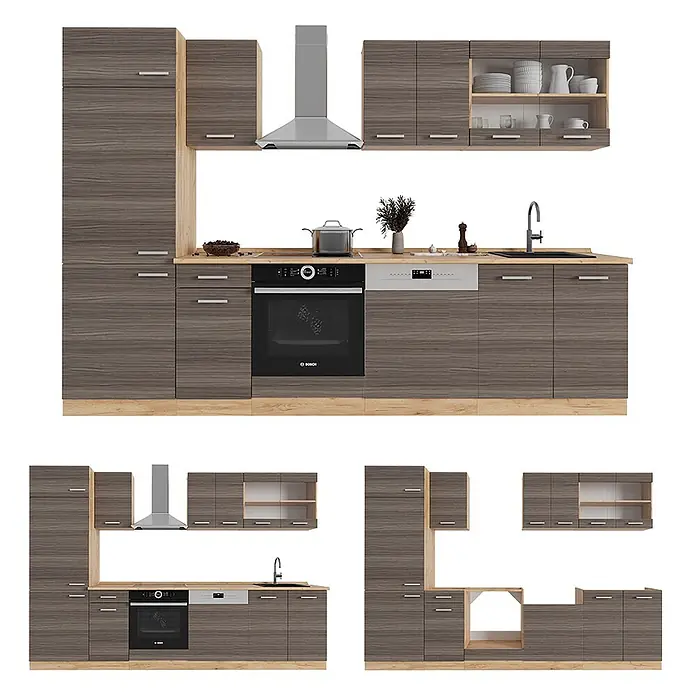 Vicco Küchenzeile R-Line Edelgrau/Goldkraft Eiche, AP Anthrazit - Breite: 300 cm, Edelgrau, Ohne Elektrogeräte - Modulare Küche in dunkler Holzoptik mit hellen Akzenten, inklusive Backofen, Spüle und Dunstabzugshaube.