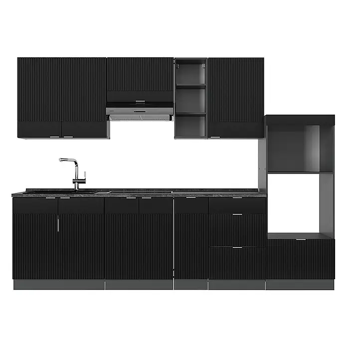 Vicco Küchenzeile Fame-Line Schwarz gestreift/Anthrazit, AP Anthrazit - Breite: 280 cm, Schwarz gestreift, Ohne Elektrogeräte - Schwarze Küchenschrankkombination mit geriffelten Türen, dunkler Arbeitsplatte, Spüle, Armatur, Dunstabzugshaube und offenen Regalen.