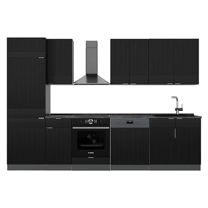 Vicco Küchenzeile Fame-Line Schwarz gestreift/Anthrazit, AP Anthrazit - Breite: 300 cm, Schwarz gestreift, Ohne Elektrogeräte - Moderne schwarze gerillte Einbauküche mit integriertem Backofen, Geschirrspüler, Dunstabzugshaube und Spüle.