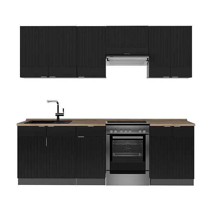 Vicco Küchenzeile Fame-Line Schwarz gestreift/Anthrazit, AP Eiche - Breite: 240 cm, Schwarz gestreift, Ohne Elektrogeräte - Schwarze Küchenzeile mit geriffelten Schranktüren, Holz-Arbeitsplatte, Spüle, Armatur, Edelstahl-Ofen und Dunstabzugshaube.