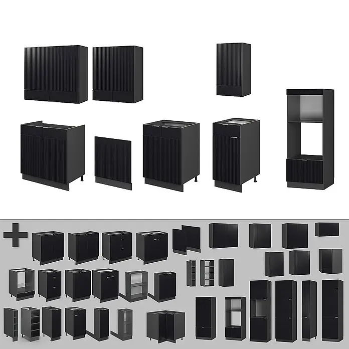 Vicco Küchenzeile Fame-Line Schwarz gestreift/Anthrazit mit Hochschrank, AP Eiche - Breite: 300 cm, Schwarz gestreift, Ohne Elektrogeräte - Sammlung verschiedener schwarzer Küchenschränke mit geriffelten Fronten, darunter Unter-, Ober- und Hochschränke, für die Küchengestaltung.