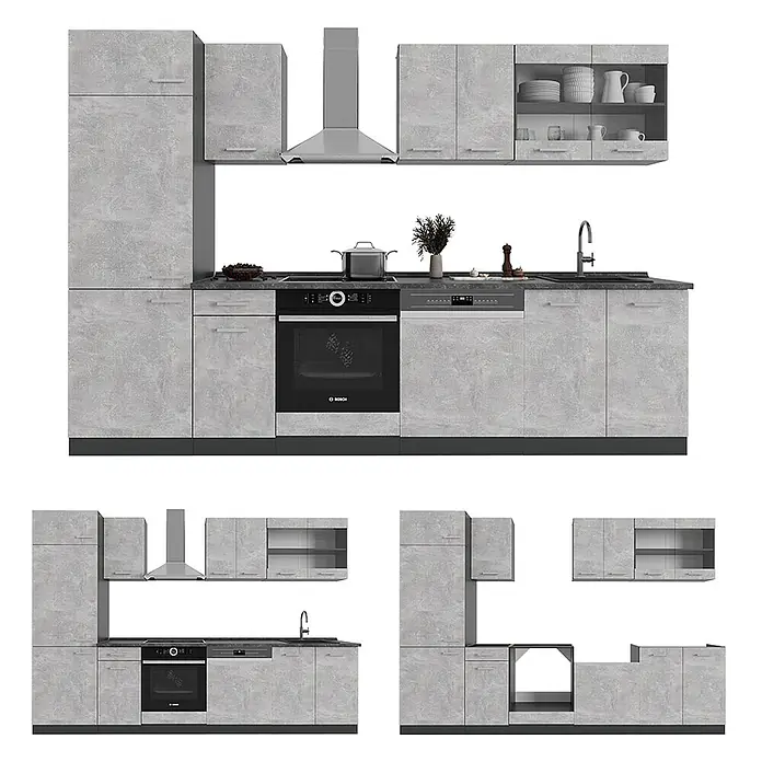 Vicco Küchenzeile R-Line Beton/Anthrazit ohne Arbeitsplatte - Breite: 300 cm, Beton, Ohne Elektrogeräte - Modulare Küche in Betonoptik Grau, mit Hochschrank, Unter- und Oberschränken, integriertem Backofen, Geschirrspüler, Spüle und Dunstabzugshaube.