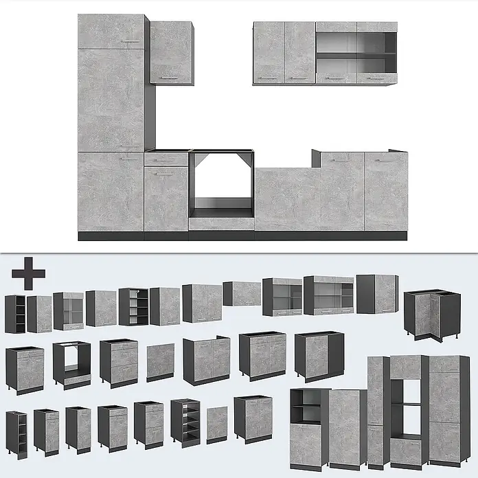 Vicco Küchenzeile R-Line Beton/Anthrazit, AP Eiche - Breite: 300 cm, Beton, Ohne Elektrogeräte - Modulares Küchenschrank-Set in hellgrauer Betonoptik, mit verschiedenen Unter-, Ober- und Hochschränken für flexible Gestaltung.