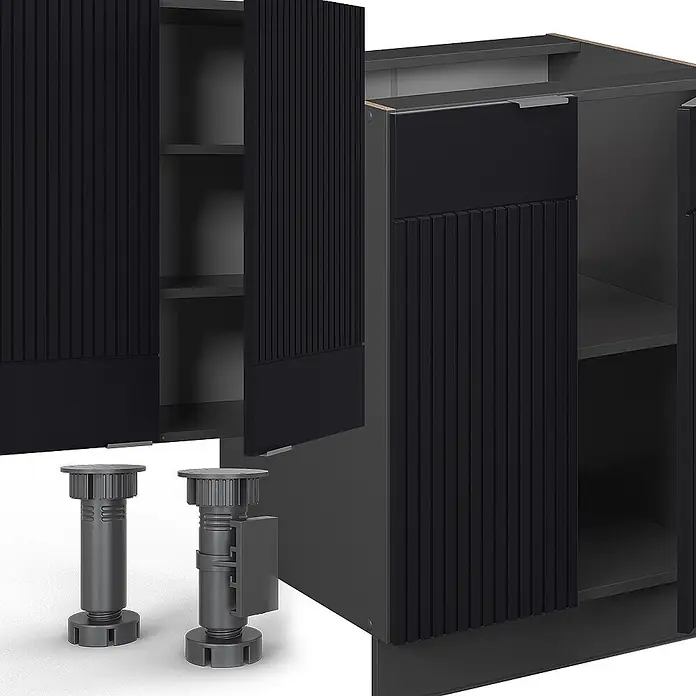 Vicco Küchenzeile Fame-Line Schwarz gestreift/Anthrazit mit Hochschrank, AP Eiche - Breite: 300 cm, Schwarz gestreift, Ohne Elektrogeräte - Dunkelgraue Küchenunterschränke mit geriffelten Türen und verstellbaren Nivellierfüßen, montagebereit.