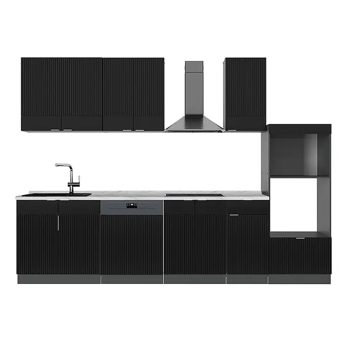 Vicco Küchenzeile Fame-Line Schwarz gestreift/Anthrazit mit Hochschrank, AP Marmor - Breite: 300 cm, Schwarz gestreift, Ohne Elektrogeräte - Moderne schwarze Küchenzeile mit gerillten Schränken, weißer Arbeitsplatte, Spüle, Geschirrspüler, Kochfeld, Dunstabzugshaube und offenen Regalen.