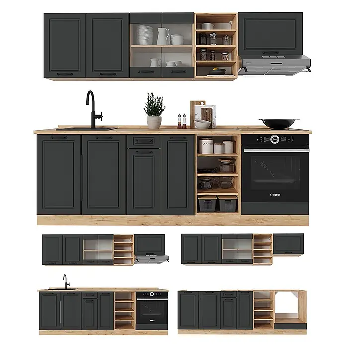 Vicco Küchenzeile R-Line Anthrazit Landhaus/Goldkraft Eiche, AP Marmor - Anthrazit Landhaus, Ohne Elektrogeräte - Dunkelgraue modulare Küche mit Holz-Arbeitsplatten und offenen Regalen, inkl. Ober- und Unterschränken, Spüle, Backofen und Dunstabzugshaube.