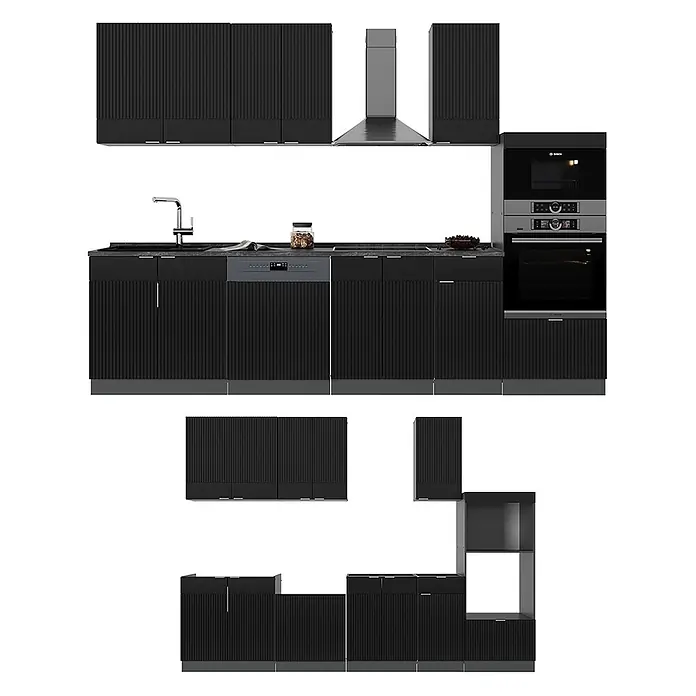 Vicco Küchenzeile Fame-Line Schwarz gestreift/Anthrazit mit Hochschrank, AP Eiche - Breite: 300 cm, Schwarz gestreift, Ohne Elektrogeräte - Modulare schwarze gerippte Küchenschränke mit Spüle, Geschirrspüler, Ofen, Mikrowelle und Dunstabzugshaube. Graue Arbeitsplatten.