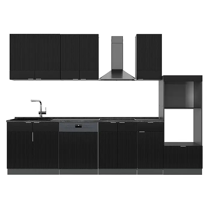 Vicco Küchenzeile Fame-Line Schwarz gestreift mit Hochschrank, ohne Arbeitsplatte - Breite: 300 cm, Schwarz gestreift, Ohne Elektrogeräte - Moderne schwarze Küchenzeile mit geriffelten Schranktüren, Spüle, Geschirrspüler und Dunstabzugshaube.
