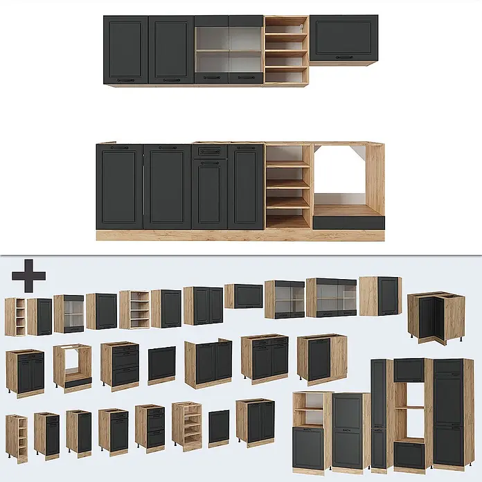 Vicco Küchenzeile R-Line Anthrazit Landhaus/Goldkraft Eiche, AP Anthrazit - Anthrazit Landhaus, Ohne Elektrogeräte - Modulares Küchenschrank-Set in Dunkelgrau und hellem Holzdekor mit verschiedenen Ober-, Unter- und Hochschränken.