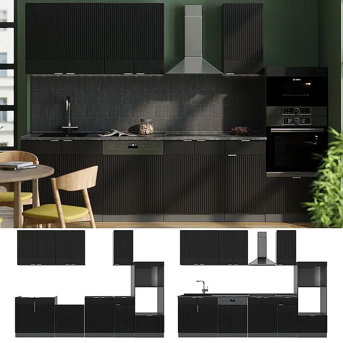 Vicco Küchenzeile Fame-Line Schwarz gestreift/Anthrazit mit Hochschrank, AP Eiche - Breite: 300 cm, Schwarz gestreift, Ohne Elektrogeräte - Modulare schwarze Küchenschränke mit geriffelten Fronten, als komplette Küche und Einzelteile dargestellt.