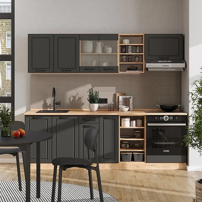 Vicco Küchenzeile R-Line Anthrazit Landhaus/Goldkraft Eiche, AP Marmor - Anthrazit Landhaus, Ohne Elektrogeräte - Moderne dunkelgraue Küchenschränke mit Holzplatte, integriertem Ofen und schwarzer Spüle, in einem funktionalen Küchen- und Essbereich.