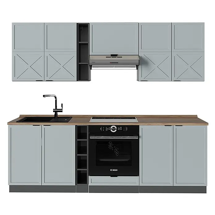 Vicco Küchenzeile Fame-Line Hellblau-grau/Anthrazit, AP Eiche - Breite: 235 cm, Hellblau-grau, Ohne Elektrogeräte - Hellblau-graue Küchenschränke mit X-Detail, Holzoptik-Arbeitsplatte, schwarzer Spüle, Backofen, Kochfeld.