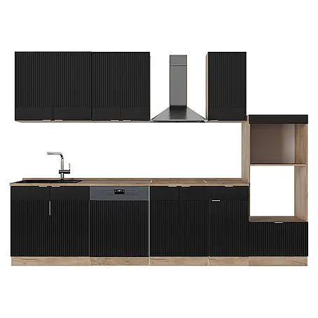 Vicco  Küchenzeile Fame-Line Schwarz gestreift/Goldkraft Eiche mit Hochschrank, AP Eiche