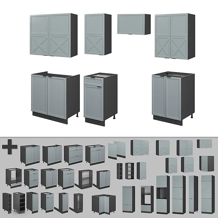 Vicco Küchenzeile Fame-Line Hellblau-grau/Anthrazit, AP Eiche - Breite: 240 cm, Hellblau-grau, Ohne Elektrogeräte - Modulares graues Küchenschranksystem mit verschiedenen Unter- und Oberschränken, teils mit dekorativen "X"-Türen.