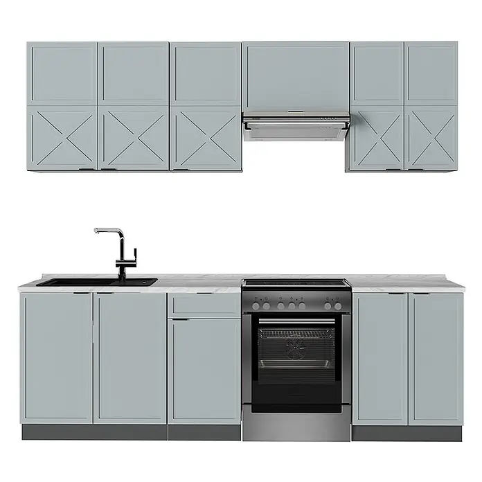Vicco Küchenzeile Fame-Line Hellblau-grau/Anthrazit, AP Marmor - Breite: 240 cm, Hellblau-grau, Ohne Elektrogeräte - Hellblaue modulare Küche mit Spüle, Backofen, Kochfeld und Dunstabzugshaube. Mit Ober- und Unterschränken.