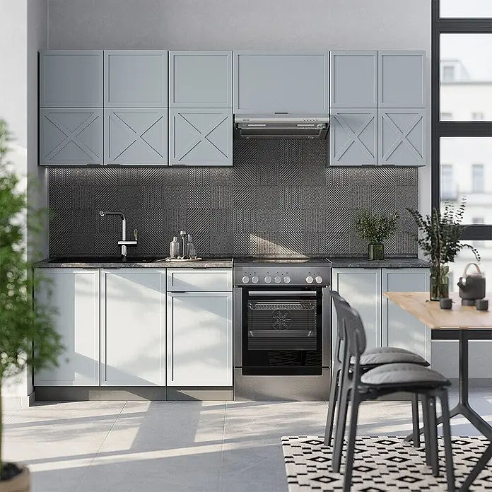 Vicco Küchenzeile Fame-Line Hellblau-grau/Anthrazit, AP Eiche - Breite: 240 cm, Hellblau-grau, Ohne Elektrogeräte - Komplette Küche mit hellblauen Oberschränken, weißen Unterschränken und freistehendem Edelstahlherd.